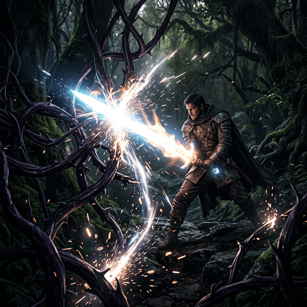 Warrior fighting magical dark vines with a glowing sword in a forest