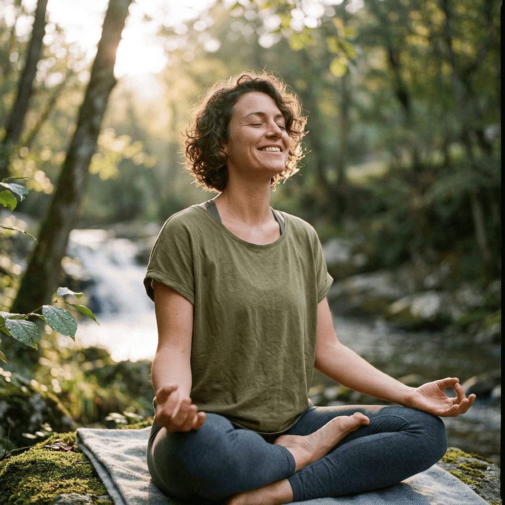 Woman meditating cross-legged beside a forest stream